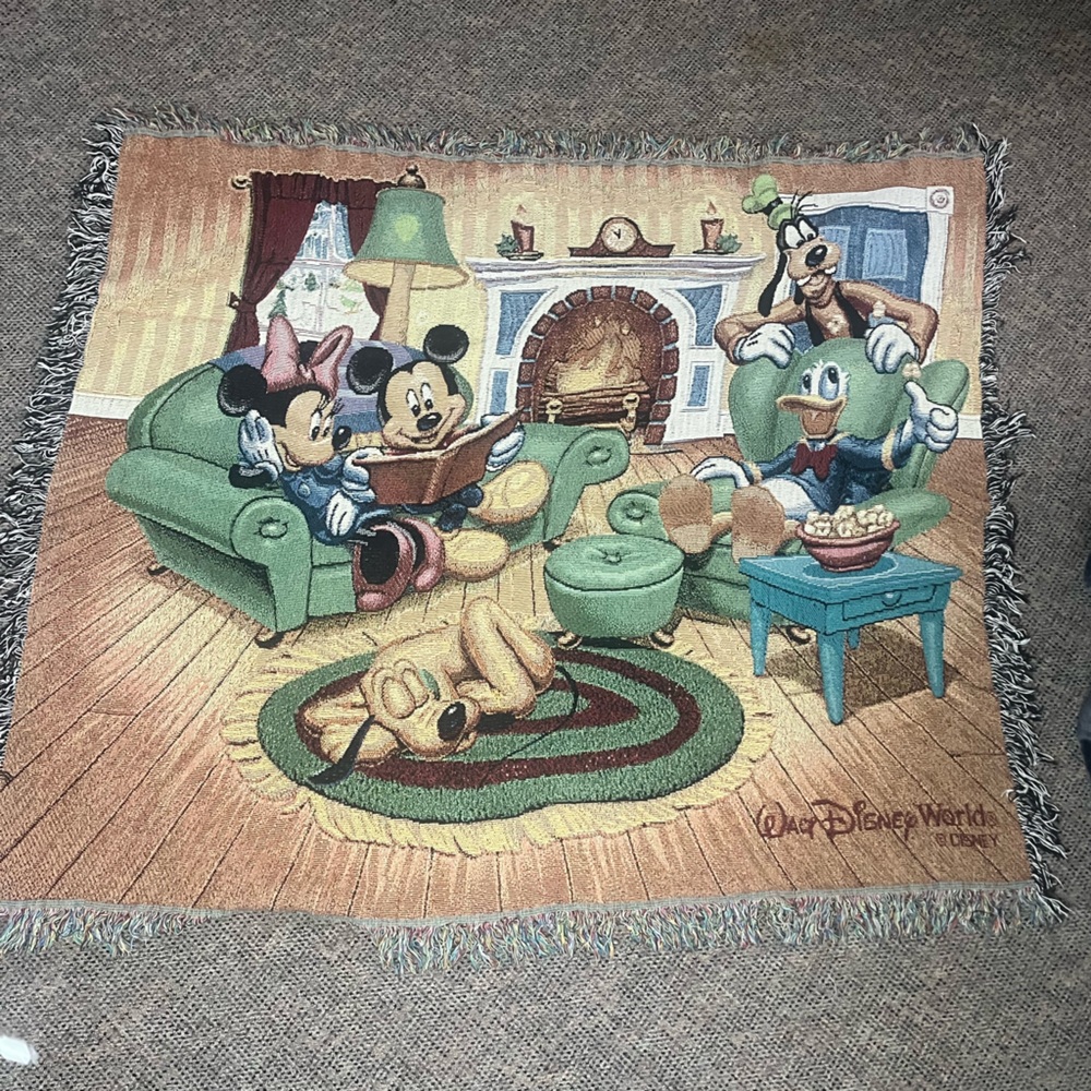 Disney Green Tan Brown Tapestry Throw Blanket Featuring Mickey & Friends